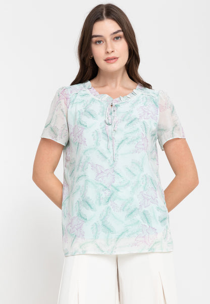 Krizia Special Fabric Puff Sleeves Tie Neck Blouse Top