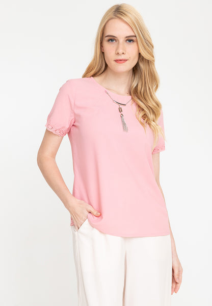 Krizia Button Back Blouse with Detachable Necklace and Sleeve Trimming