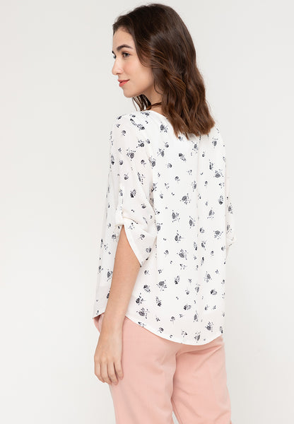 Krizia Printed Pleated Roll Tab Sleeves Blouse