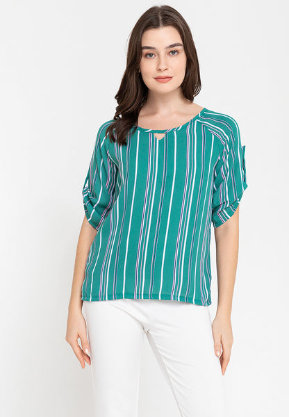 Krizia Stripe Roll Tab Blouse with V-Cut Detail