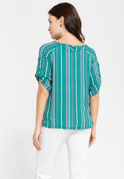 Krizia Stripe Roll Tab Blouse with V-Cut Detail