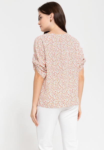Krizia Roll Tab Sleeves Printed Blouse With Neck Detail