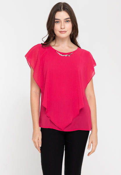 Krizia Flowy Overlay Blouse with Necklace Korean Top