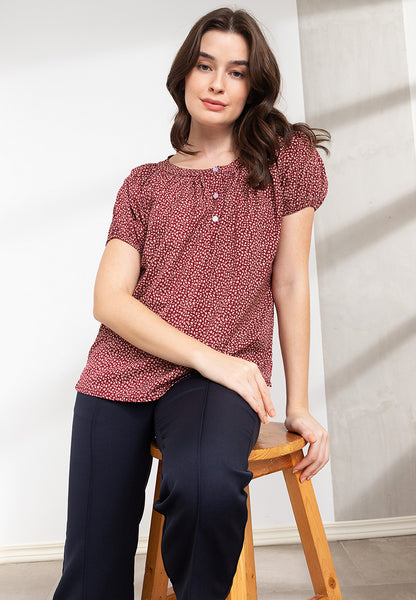 Printed Button Front Puff Sleeves Blouse