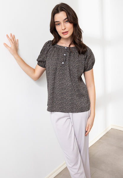 Printed Button Front Puff Sleeves Blouse