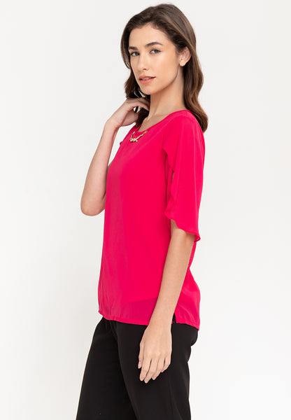 Krizia Overlap Sleeve Flowy Blouse With Necklace