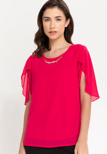 Krizia Overlap Sleeve Flowy Blouse With Necklace