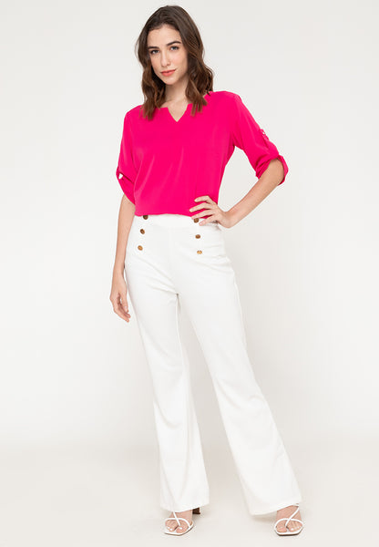 Krizia Roll Tab Sleeve V Notch Korean Style Blouse