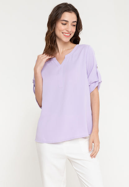 Krizia Roll Tab Sleeve V Notch Korean Style Blouse