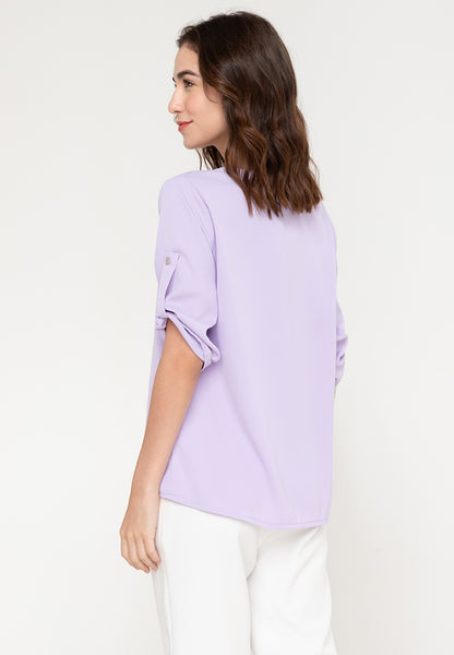 Krizia Roll Tab Sleeve V Notch Korean Style Blouse