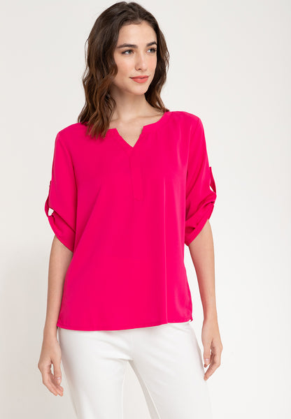 Krizia Roll Tab Sleeve V Notch Korean Style Blouse