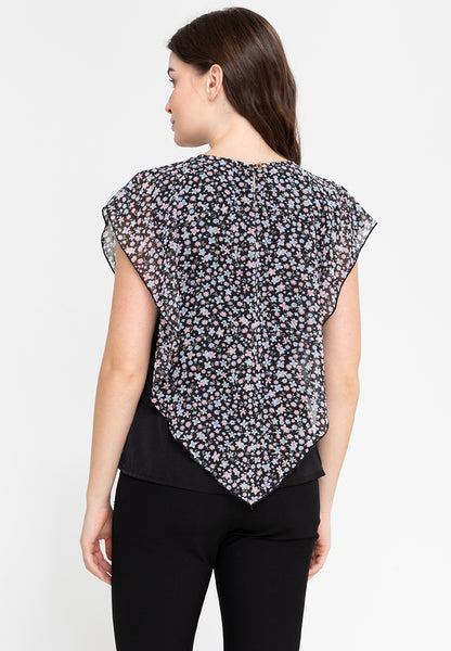 Krizia Flowy Overlay Printed Blouse with Necklace Korean Top