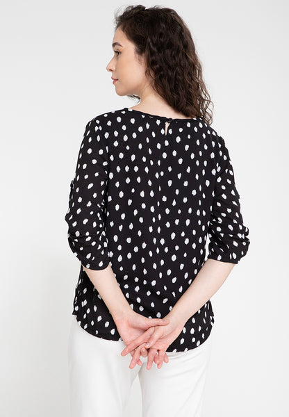 Printed Pleated Roll Tab Sleeves Blouse