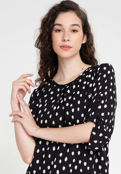 Printed Pleated Roll Tab Sleeves Blouse