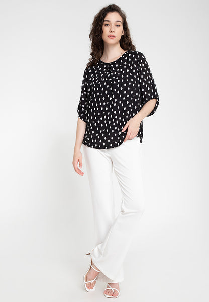 Printed Pleated Roll Tab Sleeves Blouse