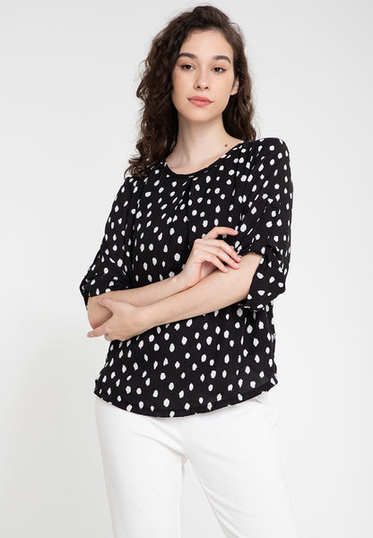 Printed Pleated Roll Tab Sleeves Blouse