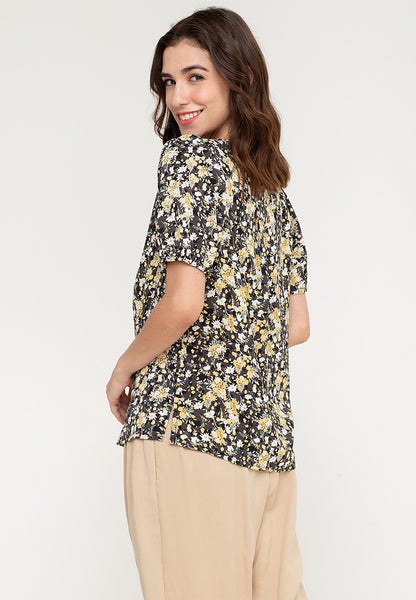 Krizia Printed Front Pleated Puff Sleeves  Blouse Top