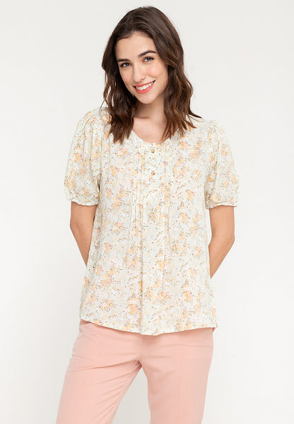 Krizia Printed Front Pleated Puff Sleeves  Blouse Top