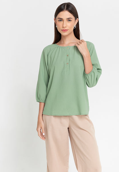 Krizia Printed Button Front 3/4 Sleeve Blouse Top