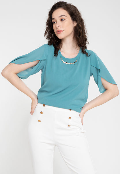 Krizia Overlap Sleeve Flowy Blouse With Necklace