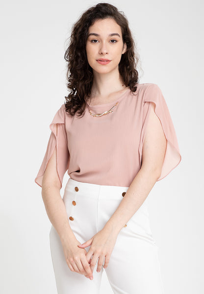Krizia Overlap Sleeve Flowy Blouse With Necklace