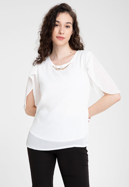 Krizia Overlap Sleeve Flowy Blouse With Necklace