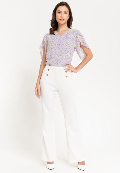 Krizia Printed Overlap Sleeve V-Neck Blouse