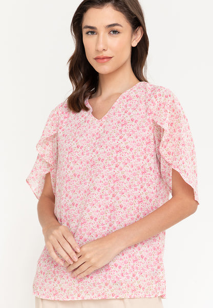 Krizia Printed Overlap Sleeve V-Neck Blouse