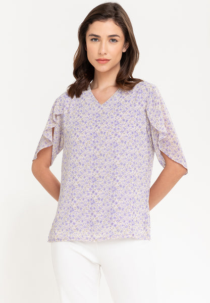 Krizia Printed Overlap Sleeve V-Neck Blouse