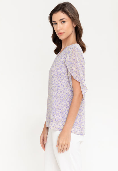 Krizia Printed Overlap Sleeve V-Neck Blouse