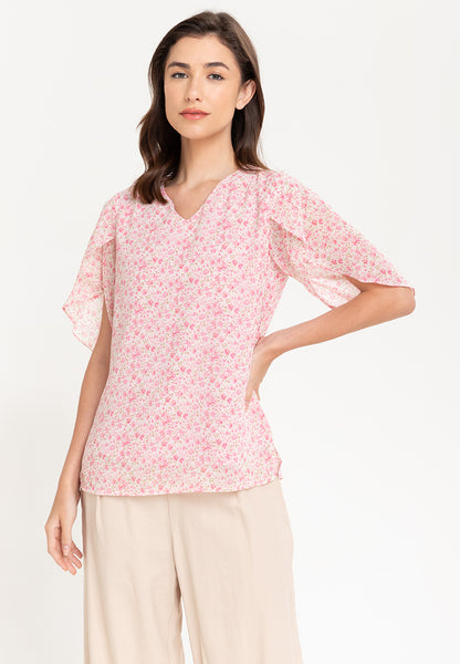 Krizia Printed Overlap Sleeve V-Neck Blouse