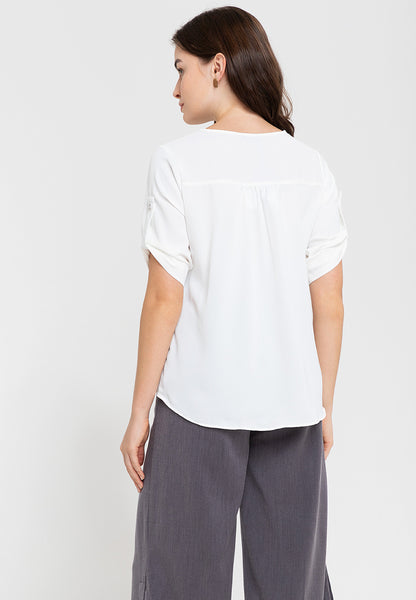Krizia Roll Tab Sleeves Overlap Hem Blouse With Neck Detail
