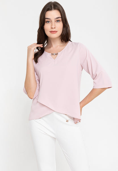 Krizia Roll Tab Sleeves Overlap Hem Blouse With Neck Detail