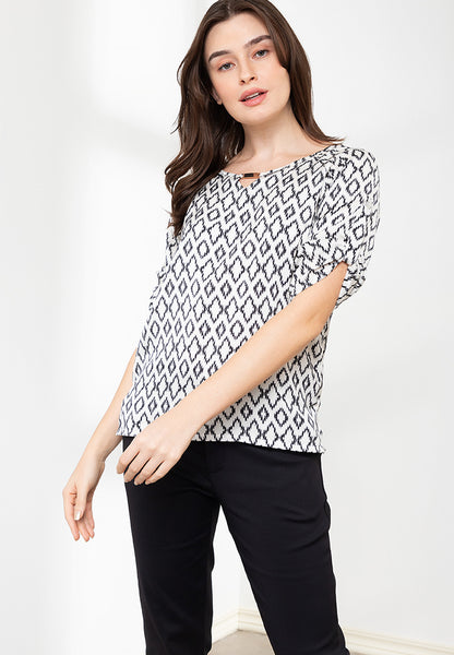 Krizia Printed Roll Tab Sleeves V Cut Blouse