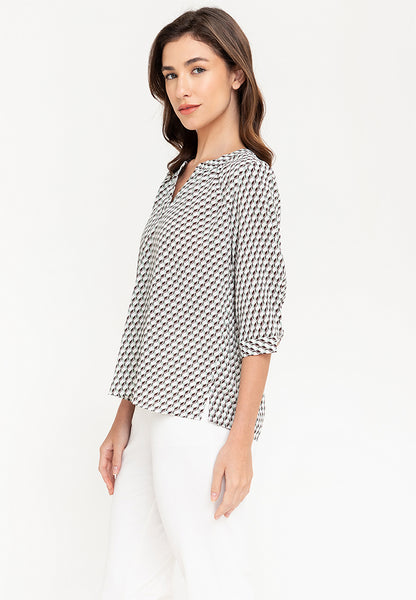Krizia V-Neck Geometric Print 3/4 Long Sleeve Blouse Top