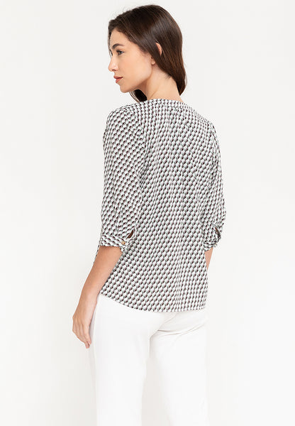 Krizia V-Neck Geometric Print 3/4 Long Sleeve Blouse Top