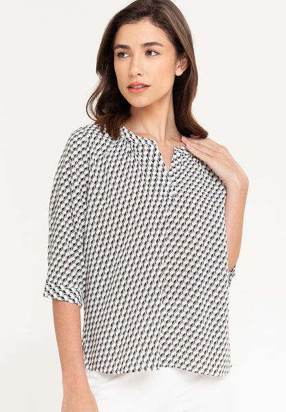 Krizia V-Neck Geometric Print 3/4 Long Sleeve Blouse Top