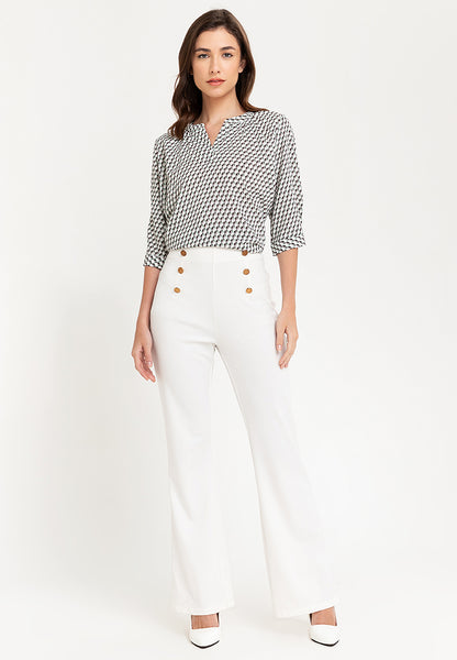 Krizia V-Neck Geometric Print 3/4 Long Sleeve Blouse Top