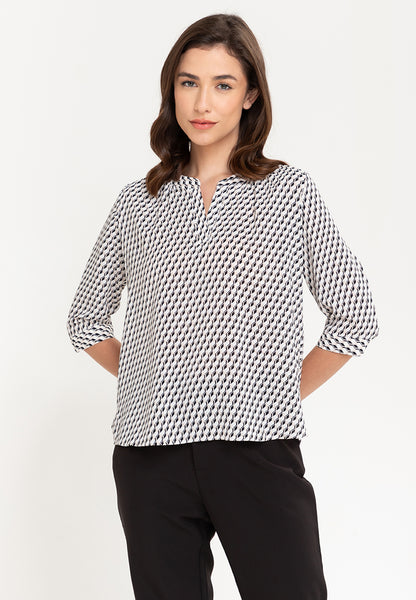 Krizia V-Neck Geometric Print 3/4 Long Sleeve Blouse Top