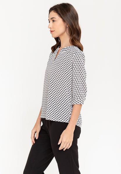 Krizia V-Neck Geometric Print 3/4 Long Sleeve Blouse Top