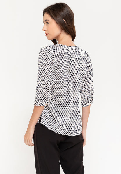 Krizia V-Neck Geometric Print 3/4 Long Sleeve Blouse Top