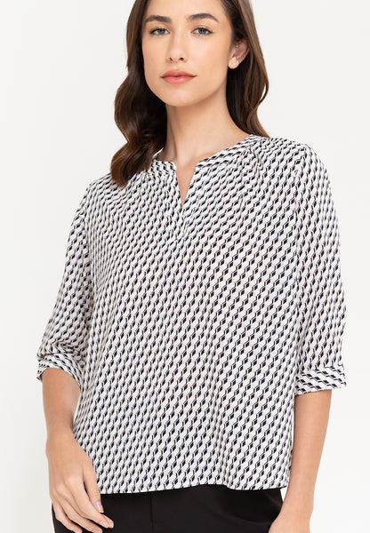Krizia V-Neck Geometric Print 3/4 Long Sleeve Blouse Top