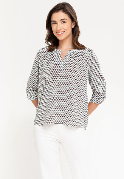 Krizia V-Neck Geometric Print 3/4 Long Sleeve Blouse Top