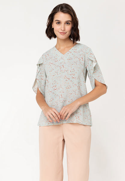 Krizia Printed Overlap Sleeve V-Neck Blouse