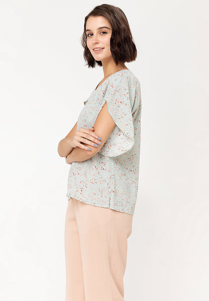 Krizia Printed Overlap Sleeve V-Neck Blouse