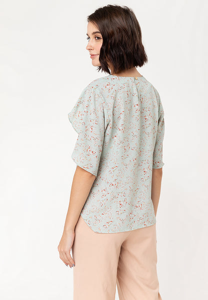 Krizia Printed Overlap Sleeve V-Neck Blouse