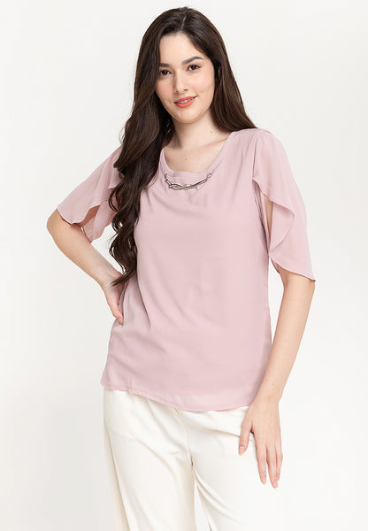 Krizia Overlap Sleeve Flowy Blouse With Necklace