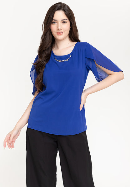 Krizia Overlap Sleeve Flowy Blouse With Necklace