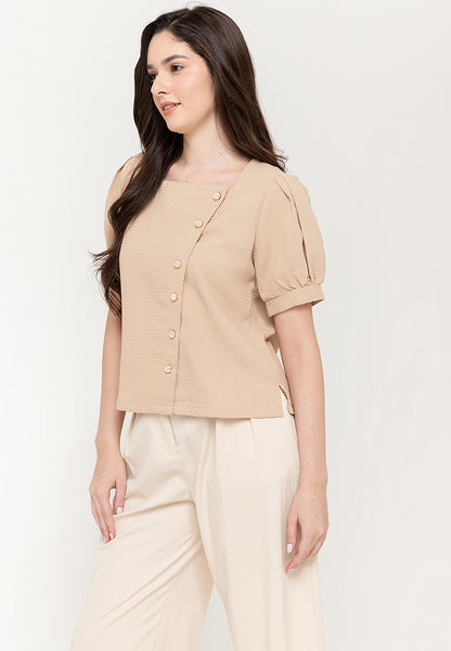 Krizia Cotton Waffle Square Neck Puff Sleeve Top Blouse