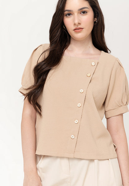 Krizia Cotton Waffle Square Neck Puff Sleeve Top Blouse